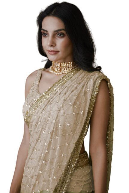 VAIRAGEE Women Soft Net Silk Jari Square Shape Embroidery & Sequence Work Saree With Unstiched Blouse(6097) by VintaVool