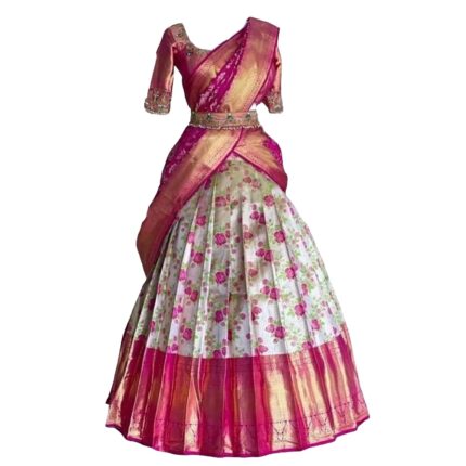 RENVAANI FASHION Women’s Faux Silk lahenga (Half Saree HT041 OW Pink Flower Free Size) by VintaVool