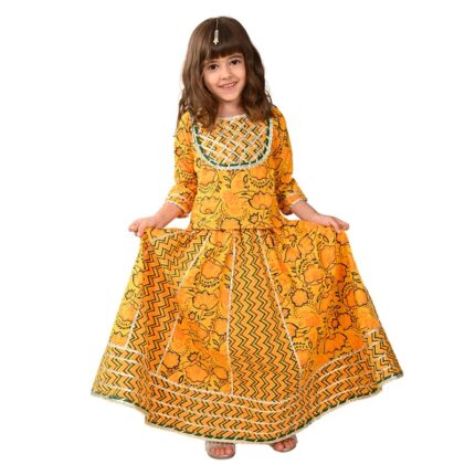 superminis Girl’s Cotton Sliver Yoke 3/4 Sleeves Ethnic Printed Choli With Kali Style Readymade Lehenga Set by VintaVool