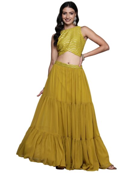 Libas Women’s Embroidered Georgette Readymade Lehenga Set by VintaVool