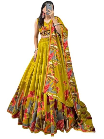 Snazzy Stitch Women’s Trending Designeer Tussar Silk Lehenga Choli Print with Foil Work With Unstitched Blouse Patola Print Adorned with Foil Work For Navrati || Wedding by VintaVool