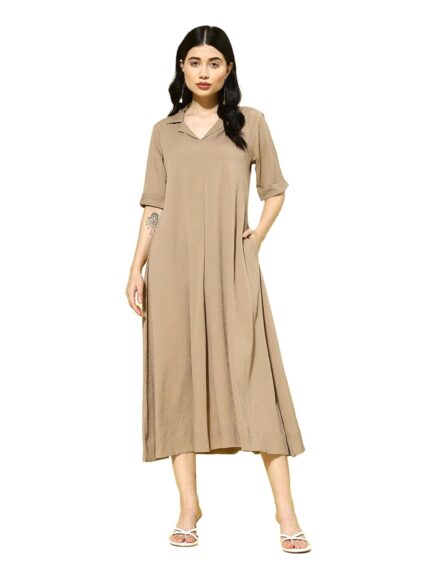 Varanga Women Beige Shirt Collar A-Line Dress – Stylish Calf Length Short Sleeves Dress for Comfortable Everyday Wear, Women Kurtis Latest Fashion by VintaVool