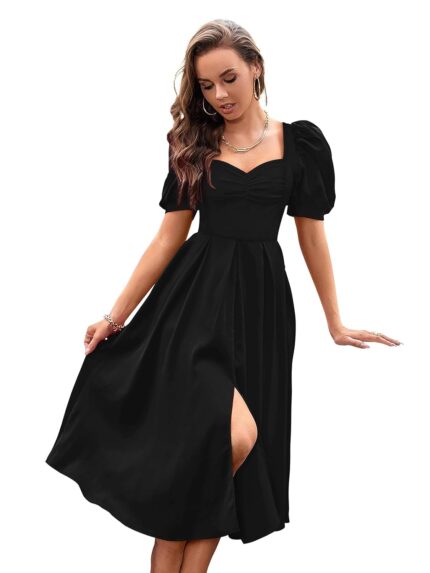 TESSAVEGAS Women’s A-line Midi & Maxi Sweetheart Neck and Square Back with Leg Spilt Cut and Puff Sleeve Dress by VintaVool