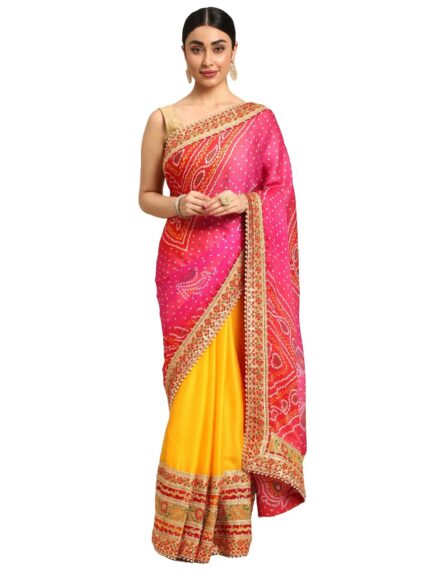 Pandadi Saree Women’s Elegance Chiffon Bandhani Saree with Heavy Lehenga Design by VintaVool