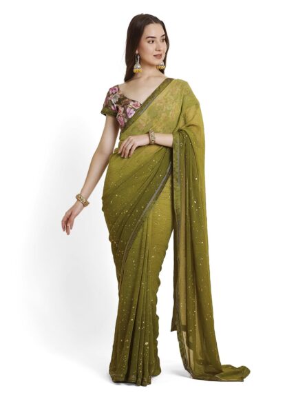 RATAN Women’s Georgette Tie-Dye Saree with Printed Blouse Piece by VintaVool