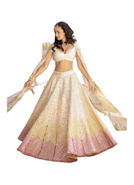 Women’s Georgette Omkar Textile’s Cream Designer Semi-Stitched Lehenga Choli With Dupatta Set For Wedding, Party,Evening, Engagment Etc., Free Size by VintaVool