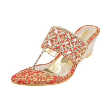 Mochi Women’s Gold Ethnic Faux Leather Slip On Fashion Heel Sandals by VintaVool