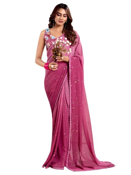 AKHILAM Women’s Georgette Foil Printed Saree With Unstitched Blouse (NAIROBI1001_SR_Parent) by VintaVool