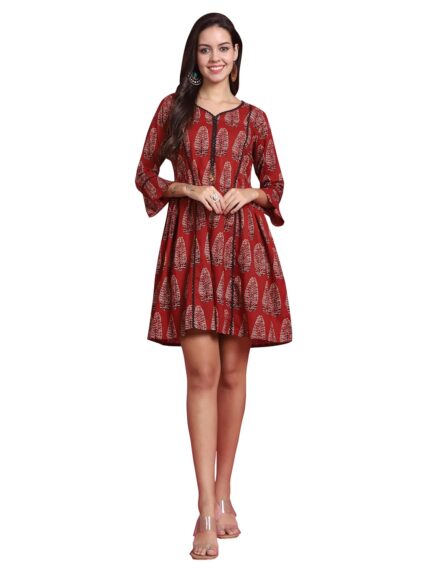 Rajnandini Women’s A-Line Above The Knee Pure Cotton Jaipuri Printed Western Dress (JOPLJPR311-P_P) by VintaVool