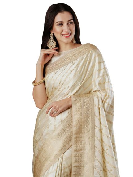 AKHILAM Women’s Satin Silk Ethnic Motif Woven Design Saree With Unstitched Blouse (ARYA4401_FL_Parent) by VintaVool
