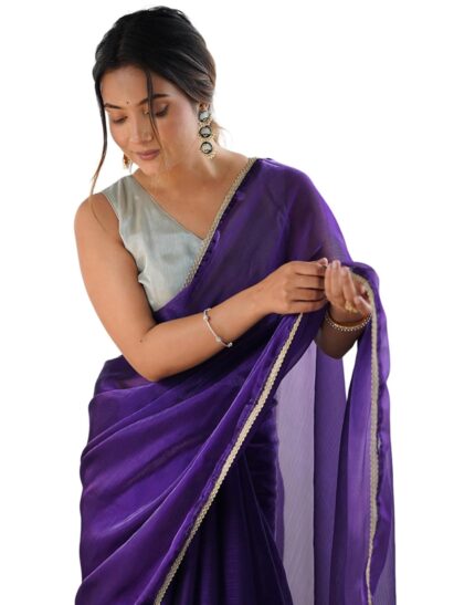 SIRIL Women’s Shimmer Chiffon Lace Border Saree With Unstitched Blouse Piece by VintaVool