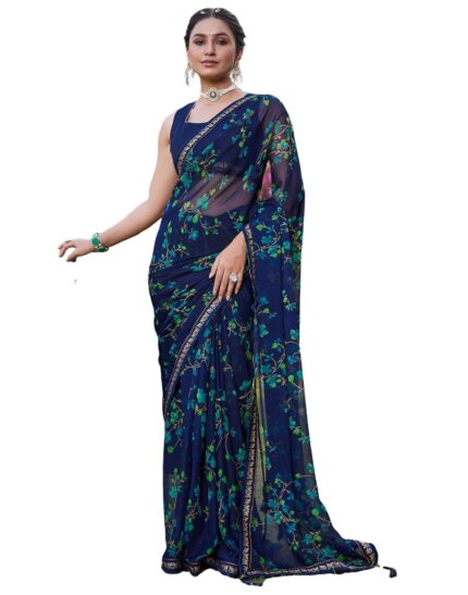 SIRIL Women’s Printed Chiffon Saree with Unstitched Blouse Piece by VintaVool