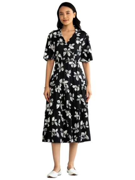 AASK Women’s Western Crush Polyester Flower Print Fit and Flare Waist Belt Dress by VintaVool