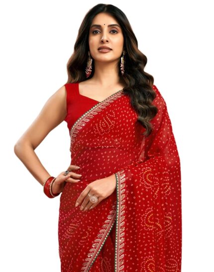 SIRIL Women’s Georgette Bandhani Printed Saree, Traditional Wedding Sarees For Women With Unstitched Blouse Piece by VintaVool