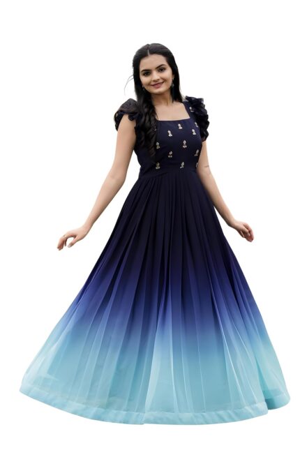 FOXDX Women’s Georgette Ankle Length Dual Shaded Flared Embroidered Gown by VintaVool