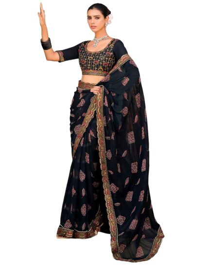 SIRIL Women’s Bandhani Printed Georgette Sequence Lace Scalloped Border Saree with Unstitched Blouse Piece by VintaVool