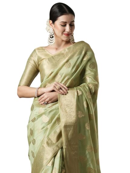 AKHILAM Women’s Organza Ethnic Motif Woven Design Saree With Unstitched Blouse Piece(UNATI3001_AC_Parent) by VintaVool