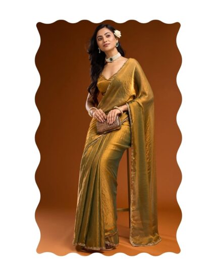 SIRIL Women’s Shimmer Chiffon Lace Boarder Dual Tone Saree With Unstitched Blouse Piece (4230S6641_Gold) by VintaVool