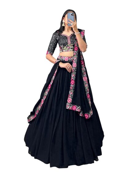 LooknBook Art Women’s Sequins Thread Embroidery Work With Georgette Semi-Stitched Lehenga Choli, Black by VintaVool