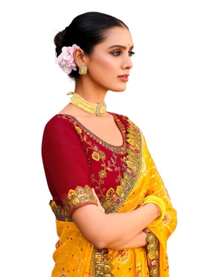 SIRIL Women’s Bandhani Printed Georgette Sequence Lace Scalloped Border Saree with Unstitched Blouse Piece by VintaVool