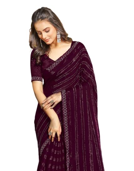 SIRIL Women’s Chiffon Hot Fixing Stone Work Saree With Unstitched Blouse Piece by VintaVool