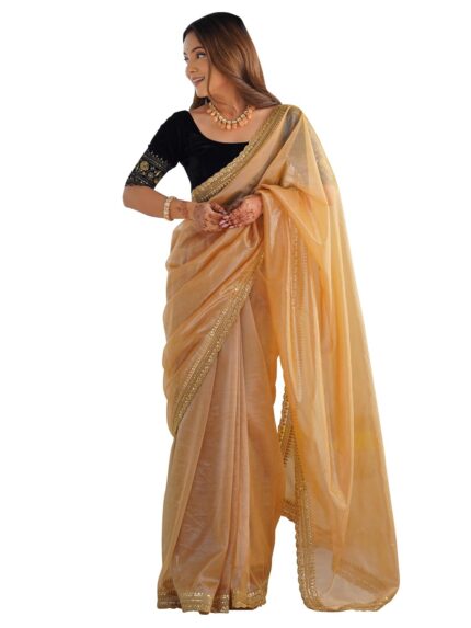 AKHILAM Women’s Shimmer Organza Sequence Embroidery Saree With Unstitched Blouse Piece by VintaVool