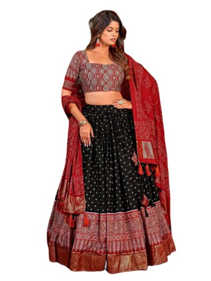 GlitzGrove Women’s Floral & Patola Print With Foil Work Tussar Silk Ethnic wear Tassels and Zip Closuer Readymade Lehenga Choli With Dupatta (E_S_100569) by VintaVool