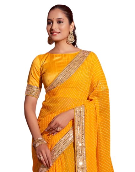 SIRIL Women’s Georgette Laheriya Printed Embroidery Lace Boarder Saree With Unstitched Blouse Piece by VintaVool