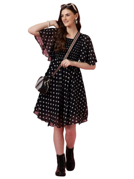 Sheetal Associates Women’s Fit and Flare Polka Print Georgette Flared Sleeve Casual Dress by VintaVool