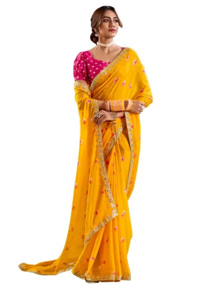 AKHILAM Women’s Pure Chiffon Striped Printed Saree With Unstitched Blouse by VintaVool