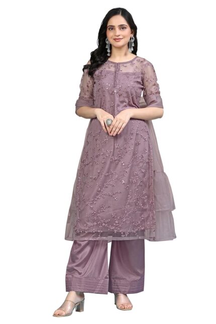 TRENDMALLS Women’s Net Embroidery Sequence Work Kurta Palazzo Set with Dupatta Kurta Set for Women by VintaVool