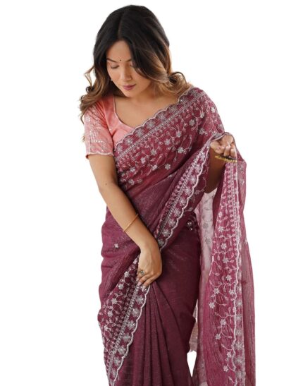 SIRIL Women’s Sequence Embroidery Scalloped Border Shimmer Chiffon Saree With Unstitched Blouse Piece by VintaVool