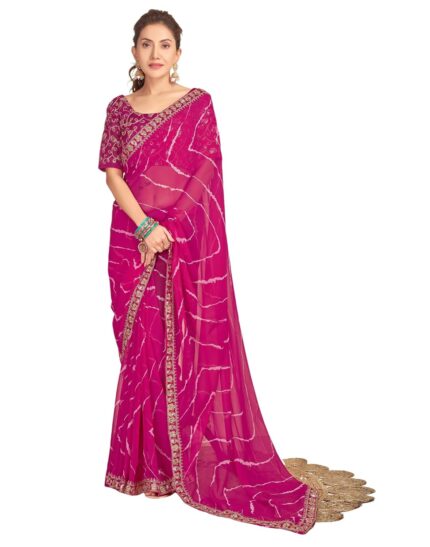 SIRIL Women’s Georgette Bandhani Printed Saree With Unstitched Blouse Piece by VintaVool