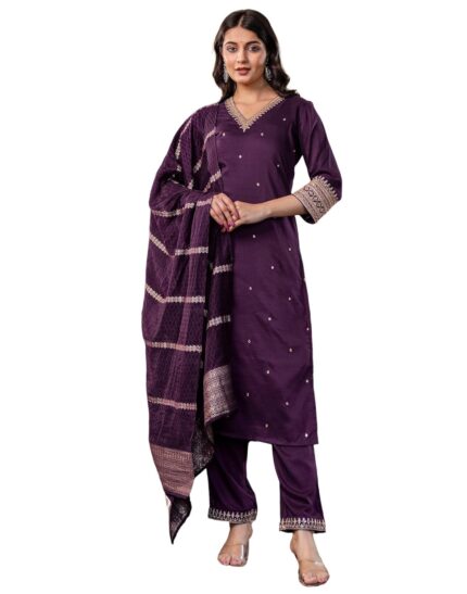 SKYLEE Women’s Silk Blend Sequence and Embroidery Work Straight Kurta with Pant & Dupatta by VintaVool