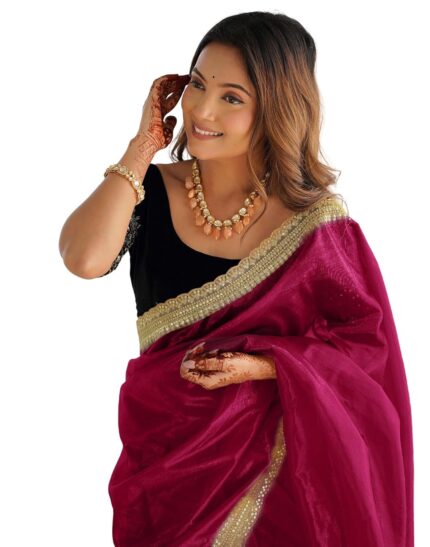 SIRIL Women’s Shimmer Net Saree | Sequence Embroidery Saree With Unstitched Blouse Piece by VintaVool