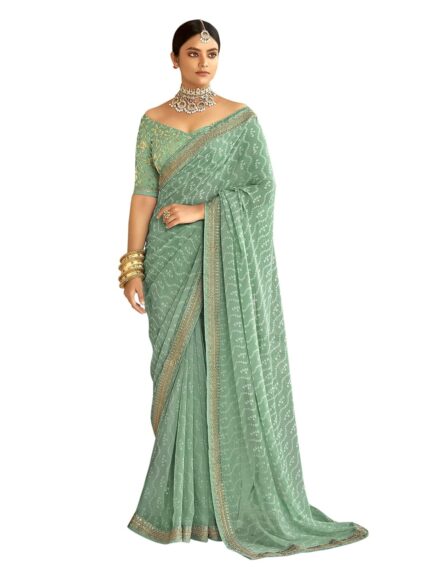 SIRIL Women’s Bandhani Printed Embroidery Lace Georgette Saree with Unstitched Blouse Piece by VintaVool