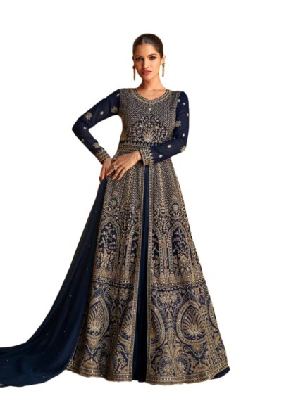 Miss Ethnik Women’s Blue Chinon Stitched Top With Dupatta Full Sleeve Embroidered Anarkali Top (ME-1184) by VintaVool