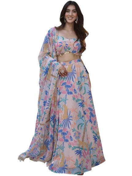 Kaizen Texo Fab Women’s Semi-Stitched Digital Print Georgette Gathered Lehenga by VintaVool