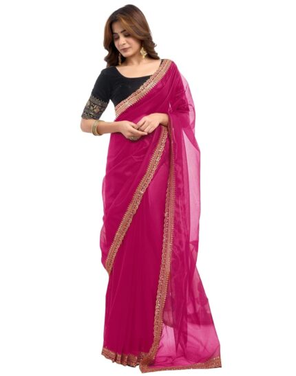 SIRIL Women’s Shimmer Net Sequence Embroidery Lace Saree for With Unstitched Blouse Piece by VintaVool