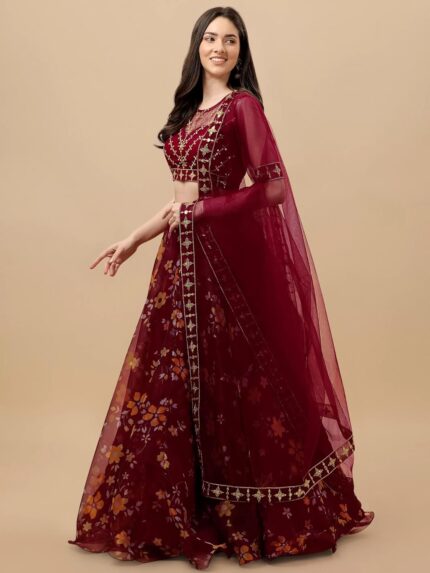 Suppar Sleave Women’s Ethnic Wear Floral Digital Printed Organza zari Sequin Work Semi-Stitched Lehenga Choli With Dupatta by VintaVool