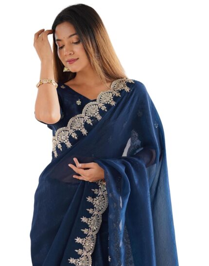 SIRIL Women’s Shimmer Chiffon Sequence Embroidery Border Saree With Unstitched Blouse Piece by VintaVool