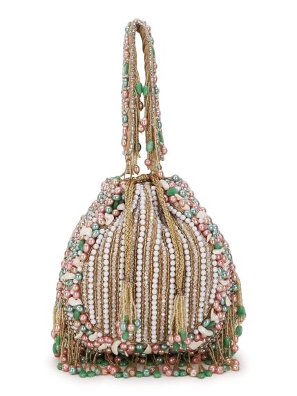 Vastans Beige & Multi Striped Embellished Potli by VintaVool