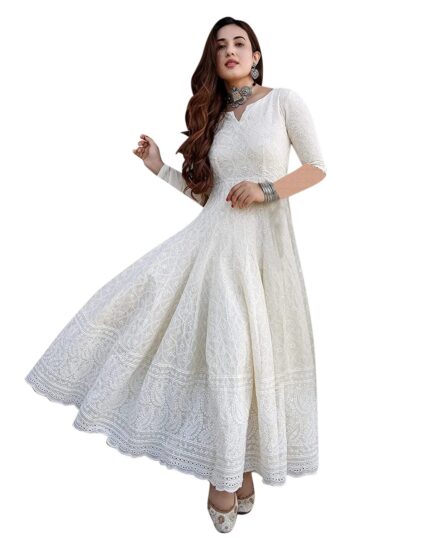 LookMark Women’s Cotton Straight Fit Straight Chikankari Long Kurti Gown by VintaVool