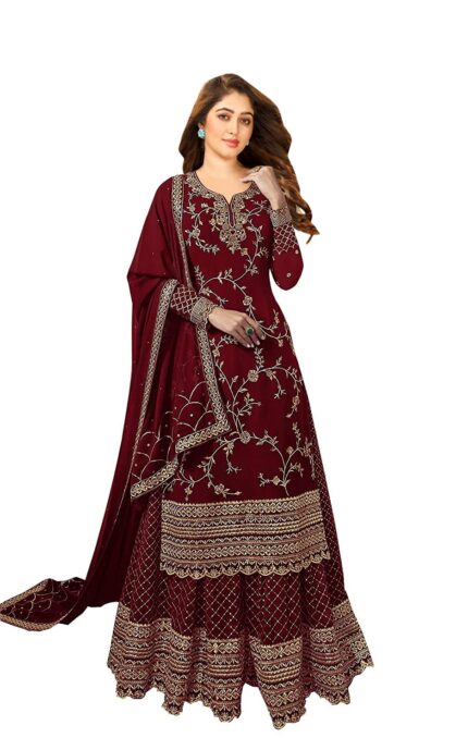 Miss Ethnik Women’s Faux Georgette Semi-Stitched Top With Stitched Bottom and Dupatta Embroidered Straight Kurta Dress Material (Kurta Palazzo Set) by VintaVool