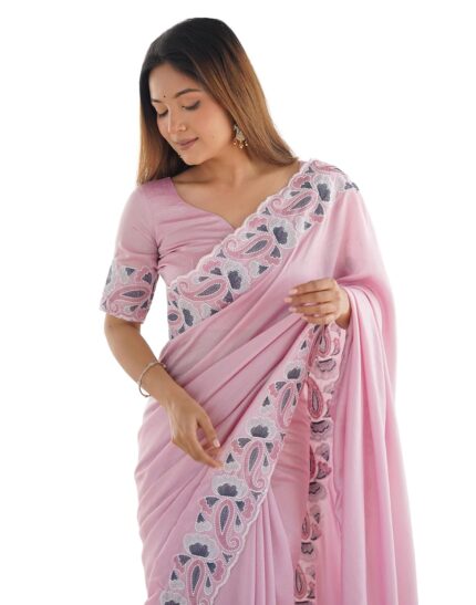 SIRIL Women’s Silk Blend Embroidery Scalloped Border Saree With Unstitched Blouse Piece for Wedding and Parties by VintaVool