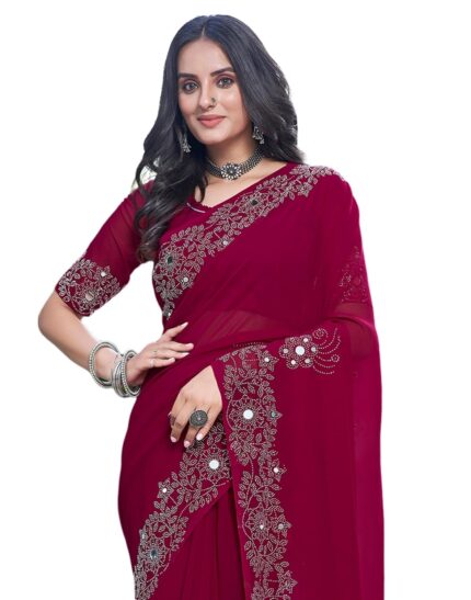 SIRIL Women’s Georgette Hot Fixing Mirror and Stone Work Saree With Unstitched Blouse Piece by VintaVool