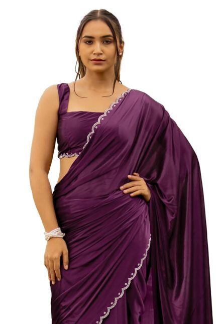 SUBHAM Women’s Silk Stone Work Farewell Plain Saree with Blouse Piece | Scalloped Cut Work Border by VintaVool