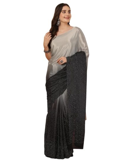 SIRIL Women’s Satin Silk Hot Fixing Stone Work Saree with Unstitched Blouse by VintaVool