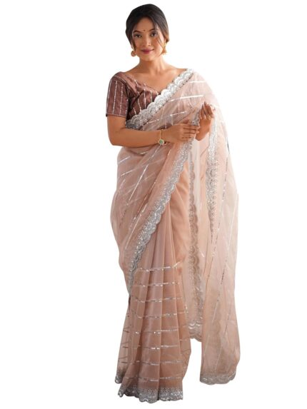 AKHILAM Women’s Organza Solid Saree With Unstitched Blouse Piece (RADHA1101_RX_Parent) by VintaVool