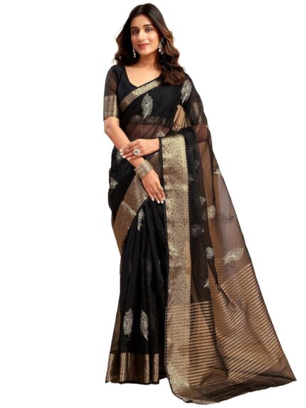 Satrani Women’s Organza Sequins Embroidery Jacquard Saree with Unstitched Blouse Piece by VintaVool